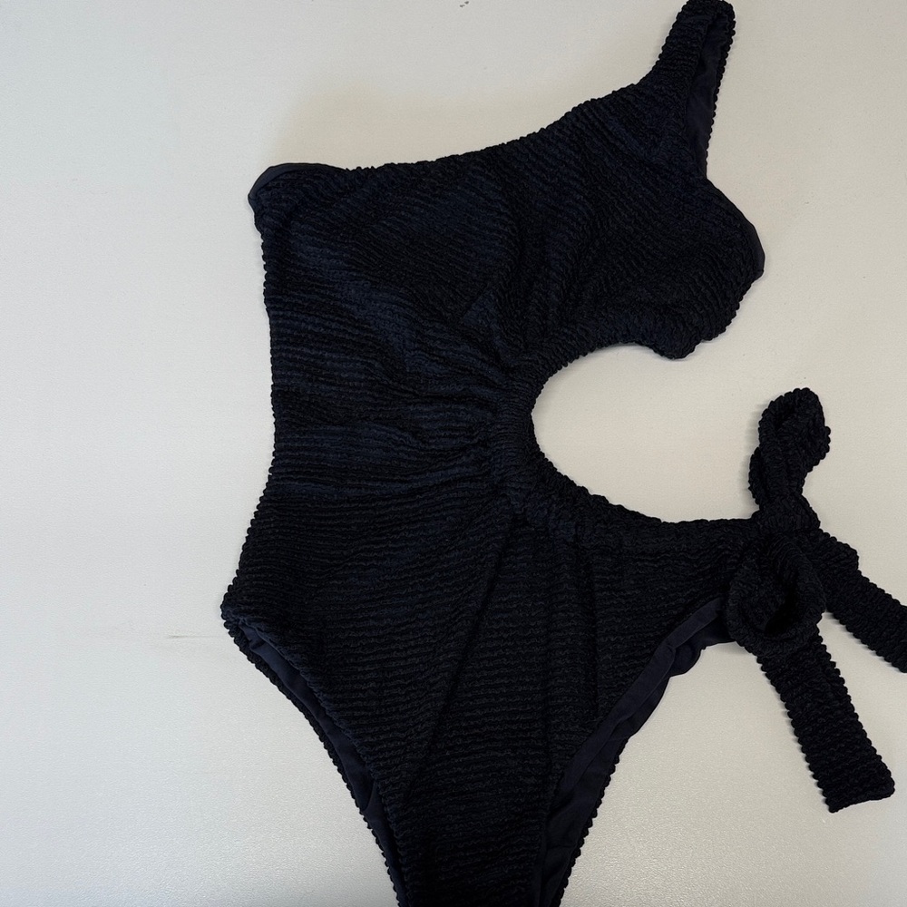 One-Shoulder Black Textured Cutout One-Piece Swimsuit